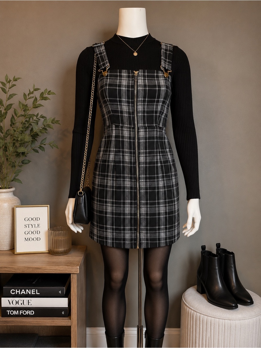 Forever 21 Black and Gray Plaid Zip-Front Pinafore Dress